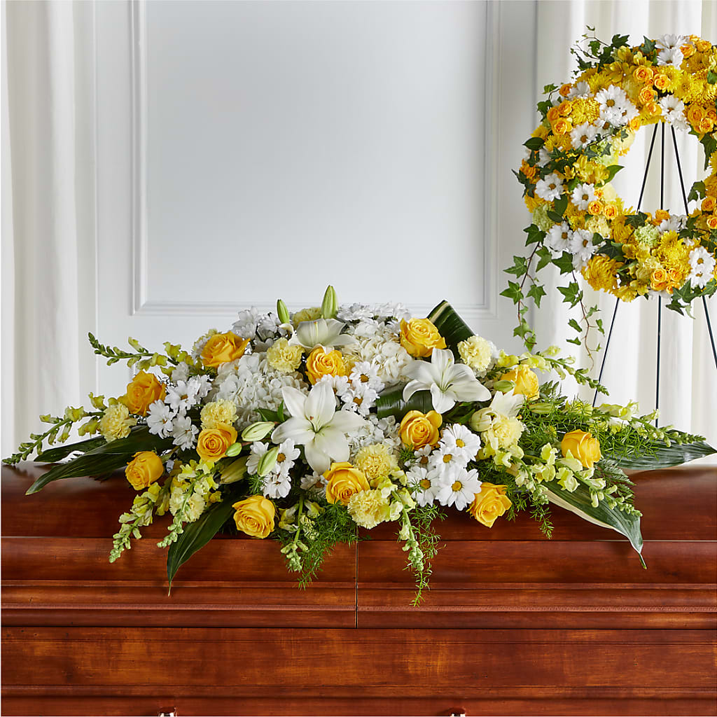 Golden Harmony Casket Spray – Flair Floral Designs, Lake Dallas TX