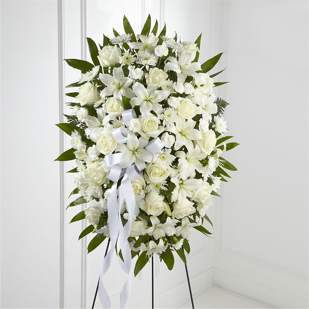 Exquisite Tribute Standing Spray-White Ribbon – Flair Floral Designs, Lake Dallas TX