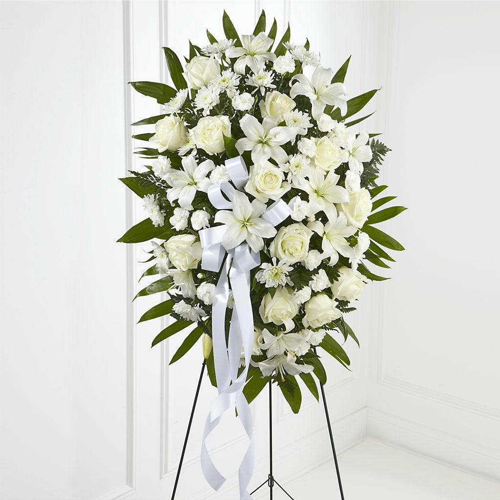 Exquisite Tribute Standing Spray-White Ribbon – Flair Floral Designs, Lake Dallas TX