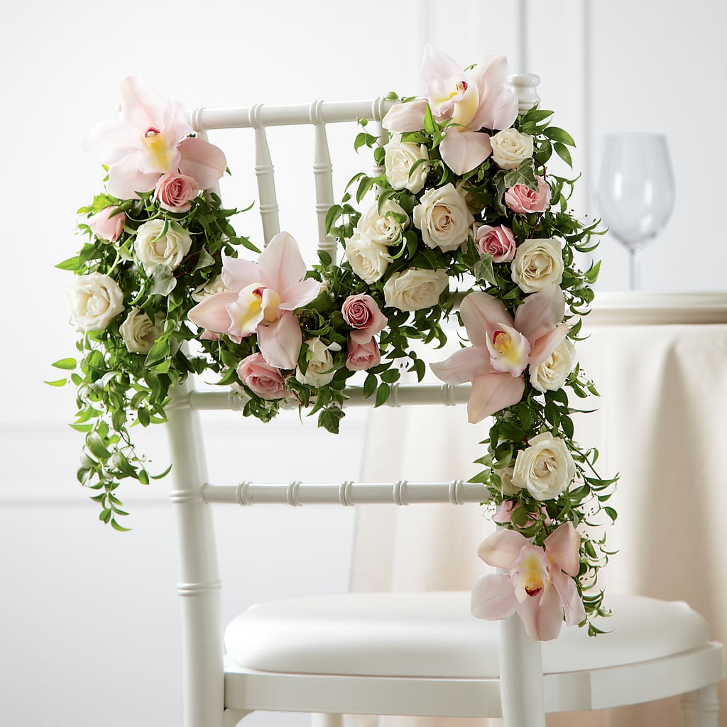 Orchid Rose Chair Décor – Flair Floral Designs, Lake Dallas TX
