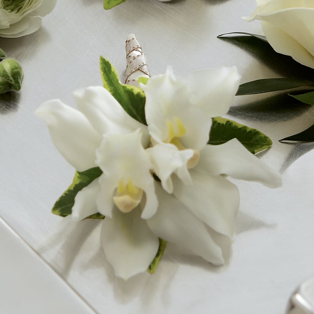 White Mini Cymbidium Boutonniere – Flair Floral Designs, Lake Dallas TX